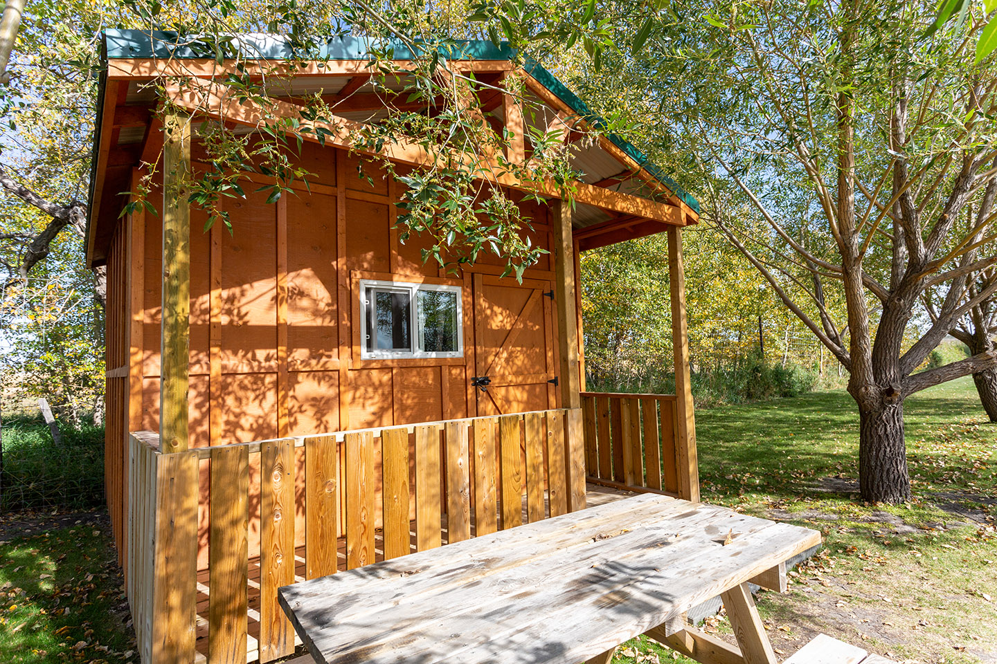 Wooden cabin with a front porch under the trees with a picnic table in front