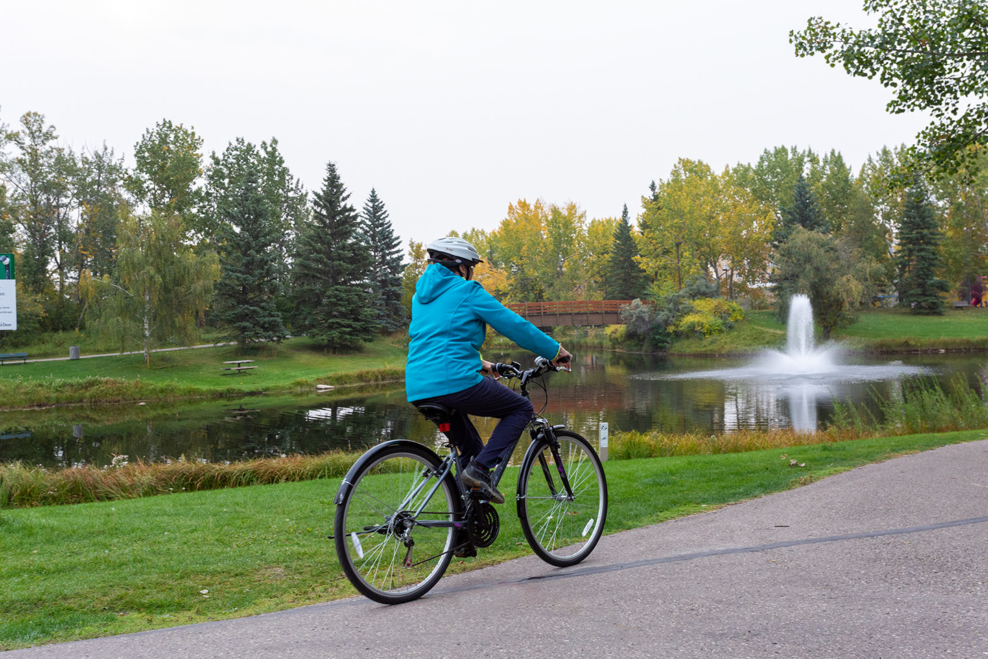 Biker in a bright blue coat riding their bike next to a smooth pond with a fountain in it reflecting the trees around it