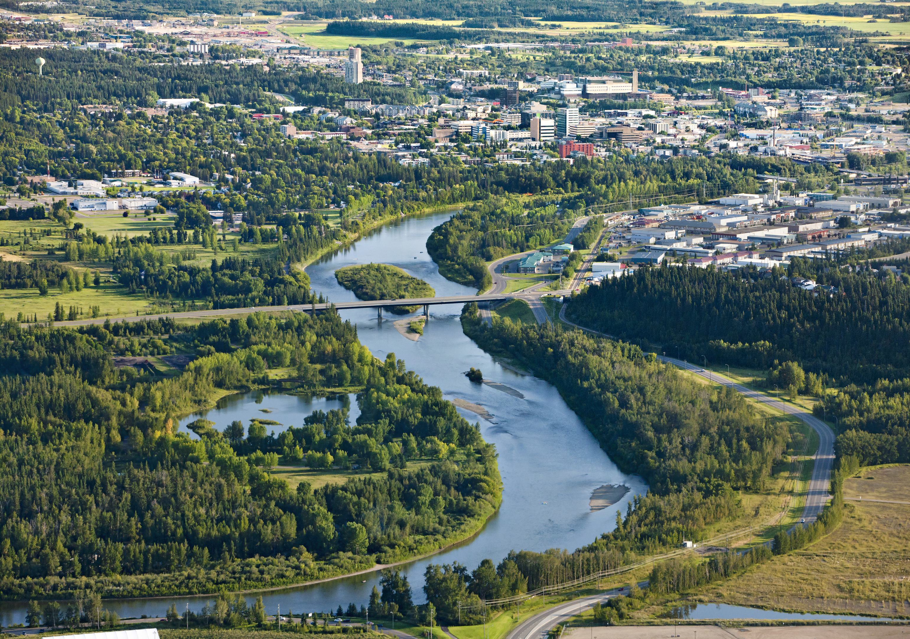 Beautiful summer aerial shot of Red Deer's river valley.