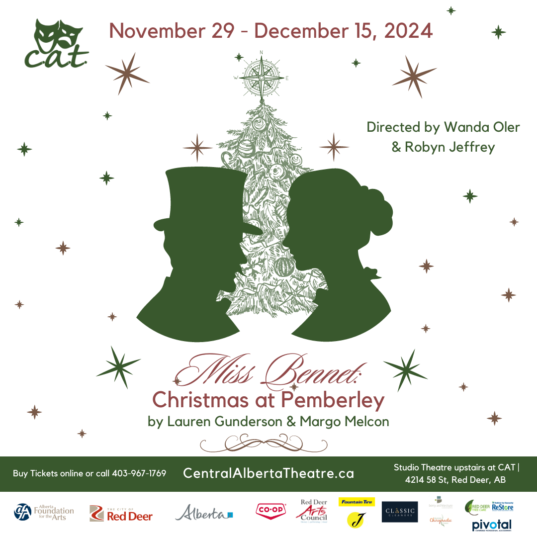 Green coloured silhouette heads of a man and woman facing eachother with a Christmas Tree in the background and show name of Miss Bennet: Christmas at Pemberley with dates and loation information. Logos of sponsors at the bottom.