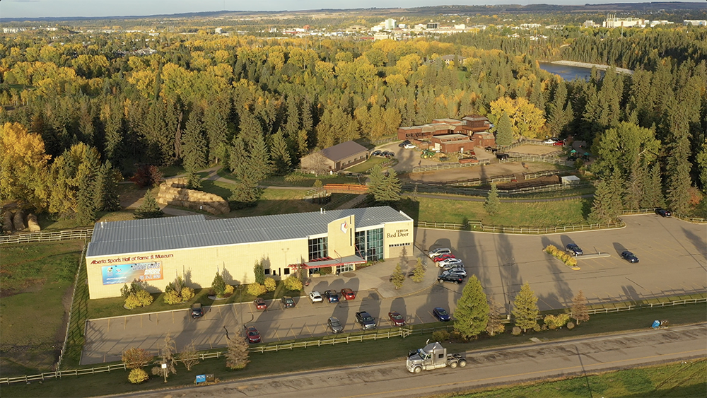 Beautiful summer aerial shot of Red Deer's river valley.